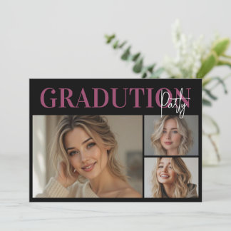 Elegant Pink Black 3Photo Graduation Party  Einladung