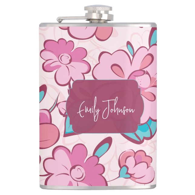 Elegant Pink Blossom Custom Name Floral Design Flachmann (Vorderseite)