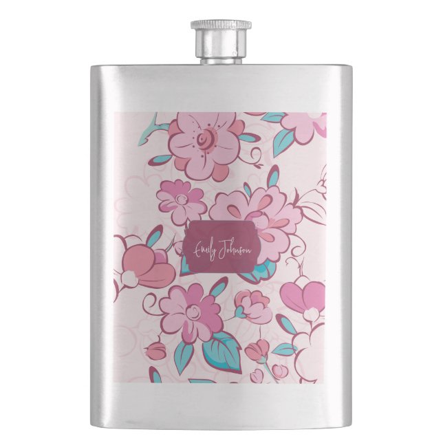 Elegant Pink Blossom Custom Name Floral Design Flachmann (Vorderseite)