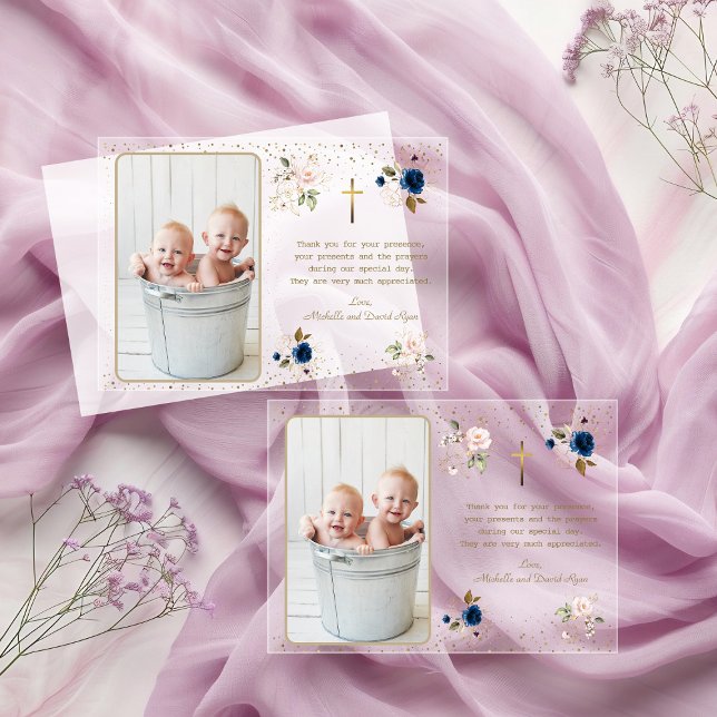 Elegant Pink Blue Gold Floral Twins Foto Taufe Acryleinladungen (Von Creator hochgeladen)