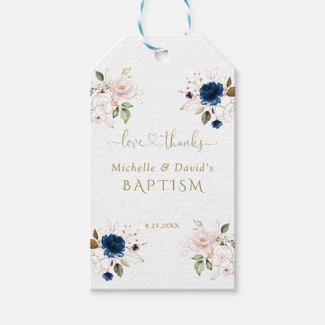 Elegant Pink Blue Gold Floral Twins Taufe Geschenkanhänger (Vorderseite)