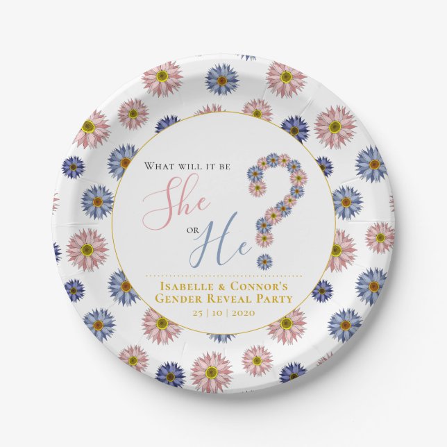Elegant pink Blue He or She Floral Gender Reveal Pappteller (Vorderseite)