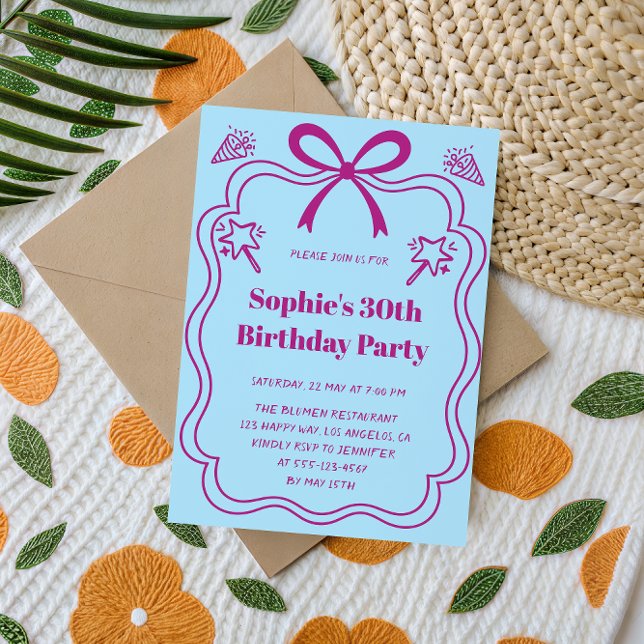 Elegant Pink & Blue Ribbon Frame Birthday Party Einladung (Von Creator hochgeladen)