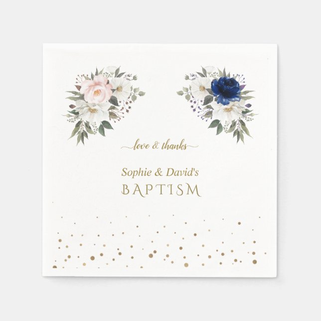 Elegant Pink Blue White Blume Twins Taufe Serviette (Vorderseite)