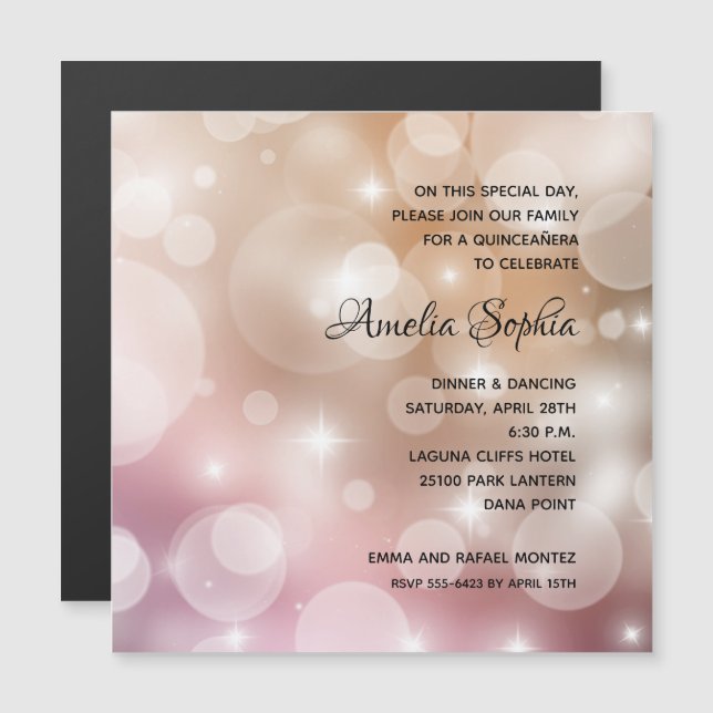 Elegant Pink Blush Bokeh Quinceañera Magneteinladung (Vorne/Hinten)