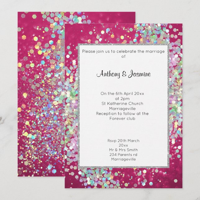 ELEGANT PINK BOKEH HOLOGRAPHIC PASTEL WEDING EINLADUNG (Vorne/Hinten)