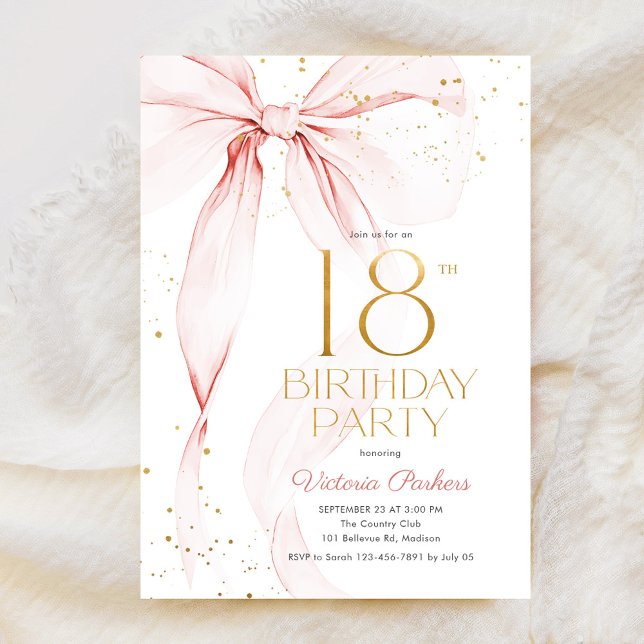 Elegant Pink Bow 18th Birthday Invitation (Créateur téléchargé)
