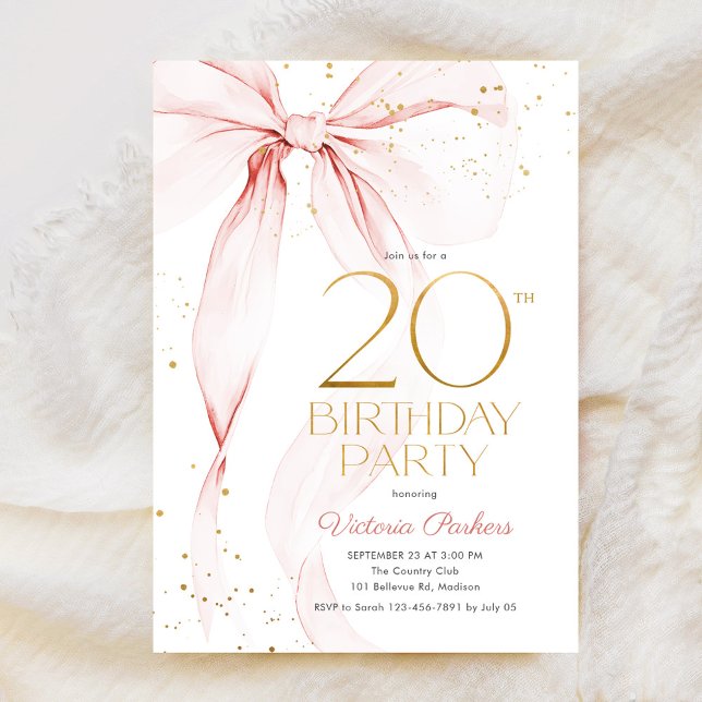 Elegant Pink Bow 20th Birthday Invitation (Créateur téléchargé)