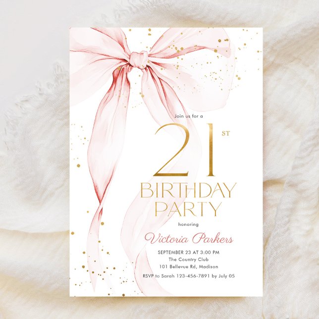 Elegant Pink Bow 21st Birthday Invitation (Créateur téléchargé)