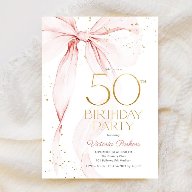 Elegant Pink Bow 50th Birthday Invitation Einladung (Von Creator hochgeladen)