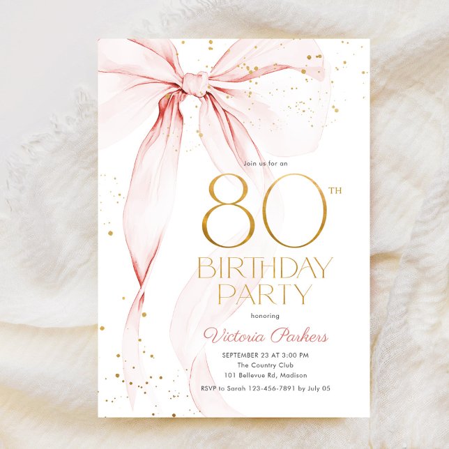 Elegant Pink Bow 80th Birthday Invitation Einladung (Von Creator hochgeladen)
