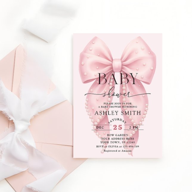 Elegant Pink Bow Baby Shower Einladung (Von Creator hochgeladen)