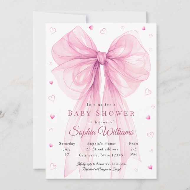 Elegant Pink Bow Baby Shower Invitation (Devant)