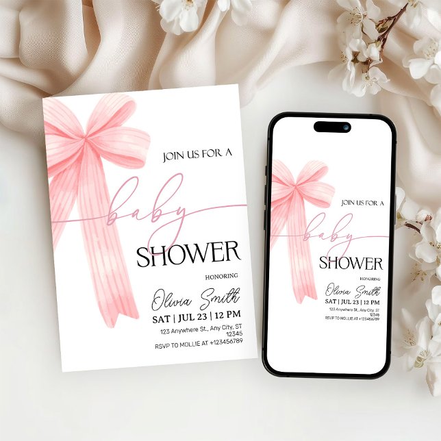 Elegant Pink Bow Baby Shower Invitation Einladung (Von Creator hochgeladen)
