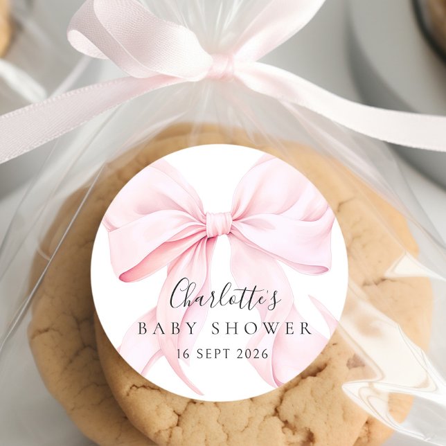  Elegant Pink Bow Baby Shower Runder Aufkleber (Von Creator hochgeladen)