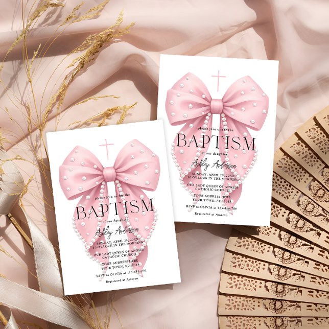 Elegant Pink Bow Baptism Girl Invitation (Créateur téléchargé)