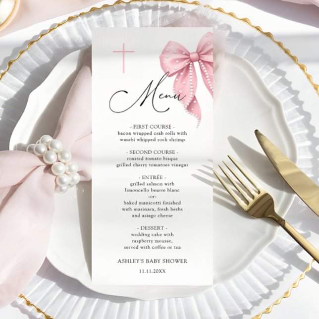 Elegant Pink Bow Baptism Menu Menükarte (Von Creator hochgeladen)