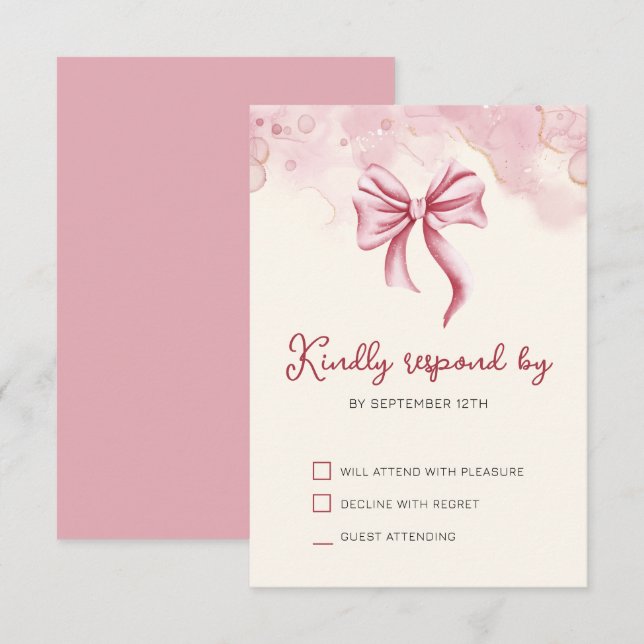 Elegant Pink Bow Birthday Quinceañera RSVP Karte (Vorne/Hinten)