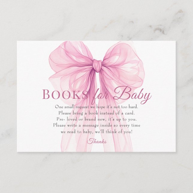 Elegant Pink Bow Books for Baby Request Card Begleitkarte (Vorderseite)