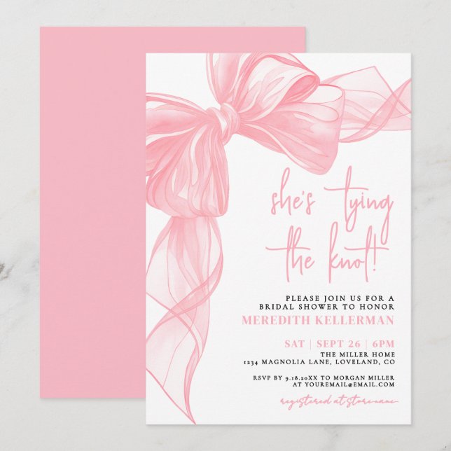 Elegant Pink Bow Bridal Shower Einladung (Vorne/Hinten)