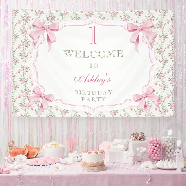 Elegant Pink Bow Coquette Girl 1. Geburtstag Banner (Party)