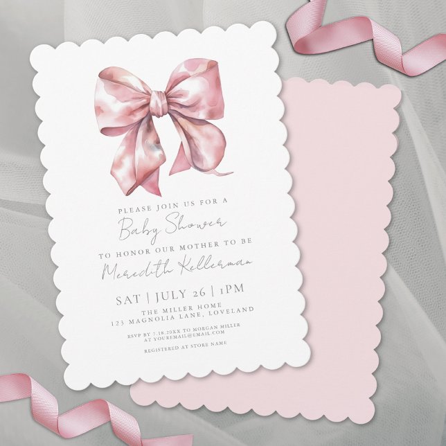 Elegant Pink Bow Coquette Girl Baby Shower Einladung (Elegant Pink Bow Coquette Girl Baby Shower Invitation)