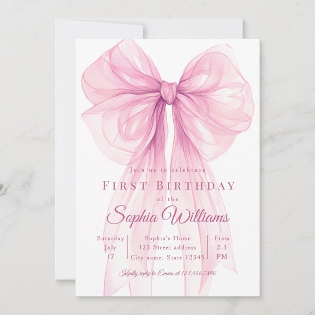 Elegant Pink Bow First Birthday Invitation Einladung (Vorderseite)