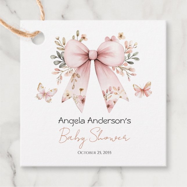 Elegant Pink Bow Girl Baby Shower Geschenkanhänger (Vorderseite)