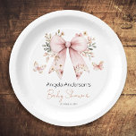Elegant Pink Bow Girl Baby Shower Pappteller<br><div class="desc">Elegante pinkfarbene,  blumenbogenfarbene Aquarellbilder. Babydusche,  Babydusche,  Babydusche mit Schmetterling,  Coquette-Rosa-Bugbabydusche,  bohemianisch-whimsical-botanisch-blumengeschmückte Babydusche</div>