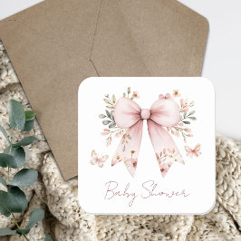 Elegant Pink Bow Girl Baby Shower Quadratischer Aufkleber