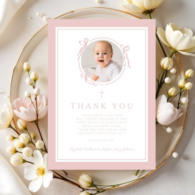 Elegant Pink Bow Girl Baptism Photo Dankeskarte (Elegant Pink Bow Girl Baptism Photo Thank You Card)