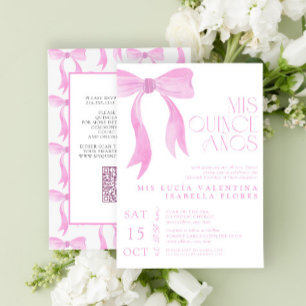 Elegant Pink Bow Mis Quince Años QR Quinceañera Einladung