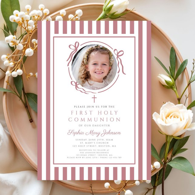 Elegant Pink Bow Photo Girl First Communion Einladung (Elegant Pink Bow Photo Girl First Communion Invitation)