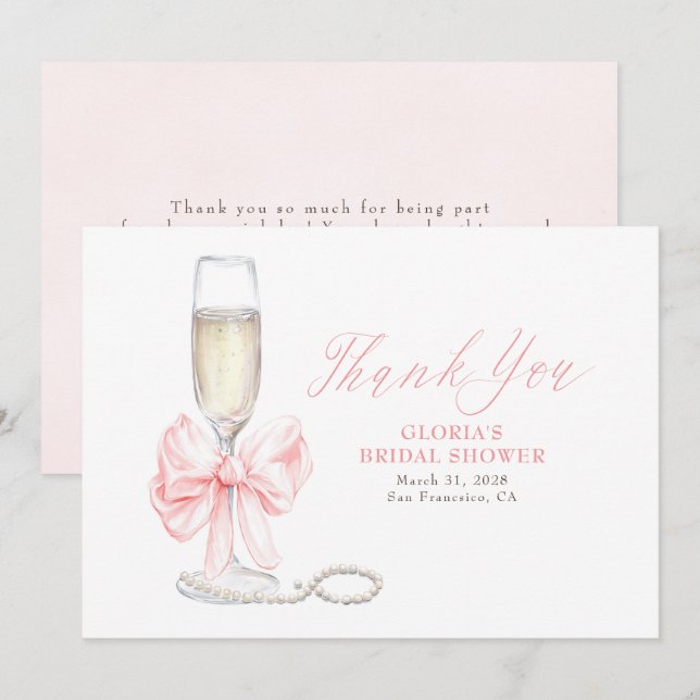 Elegant Pink Bow Prosecco Bridal Shower Thank You Dankeskarte (Vorne/Hinten)