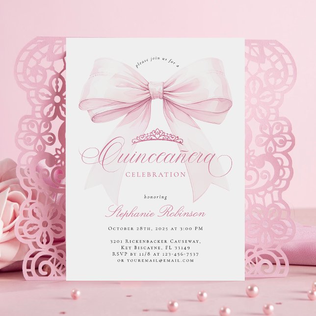 Elegant Pink Bow Quinceañera Einladung (Von Creator hochgeladen)