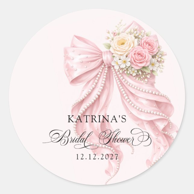 Elegant Pink Bow Romantic Bridal Shower Runder Aufkleber (Vorderseite)