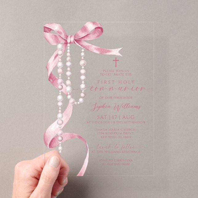 Elegant Pink Bow & Rosary Erste Heilige Kommune Acryleinladungen (Insitu (Handheld))