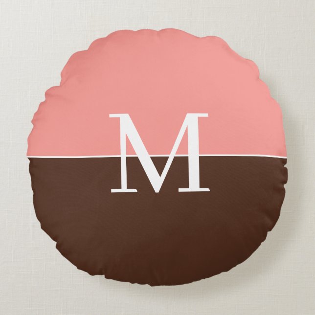 Elegant pink &brown monogram rundes kissen (Vorderseite)