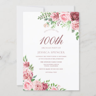 Elegant Pink & Burgund Einladung zum 100. Geburtst