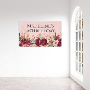 Elegant Pink Burgundy Floral 50. Geburtstag Banner