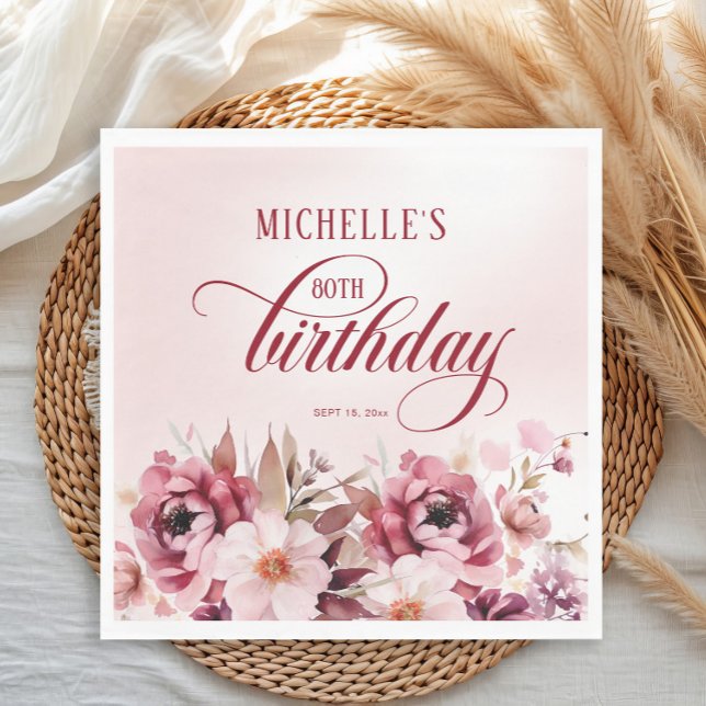 Elegant Pink Burgundy Floral 80. Geburtstag Serviette (Burgundy and pink watercolor floral birthday party paper napkin)