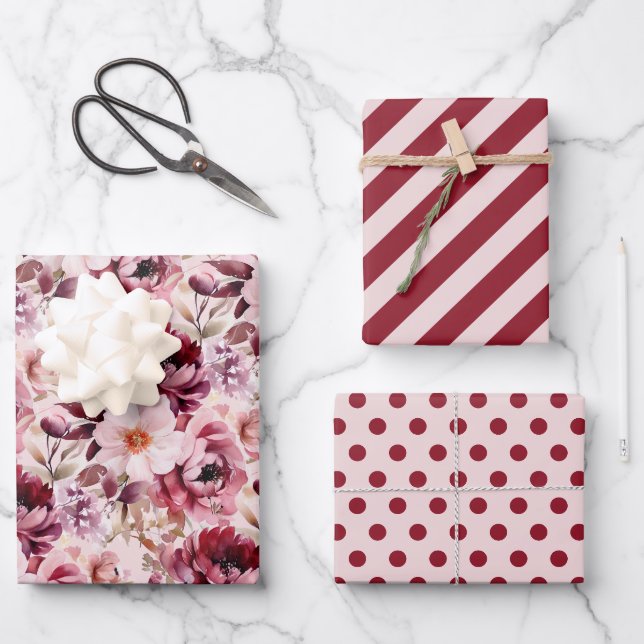 Elegant Pink Burgundy Floral Striped Polka Dot Geschenkpapier Set (Vorderseite)