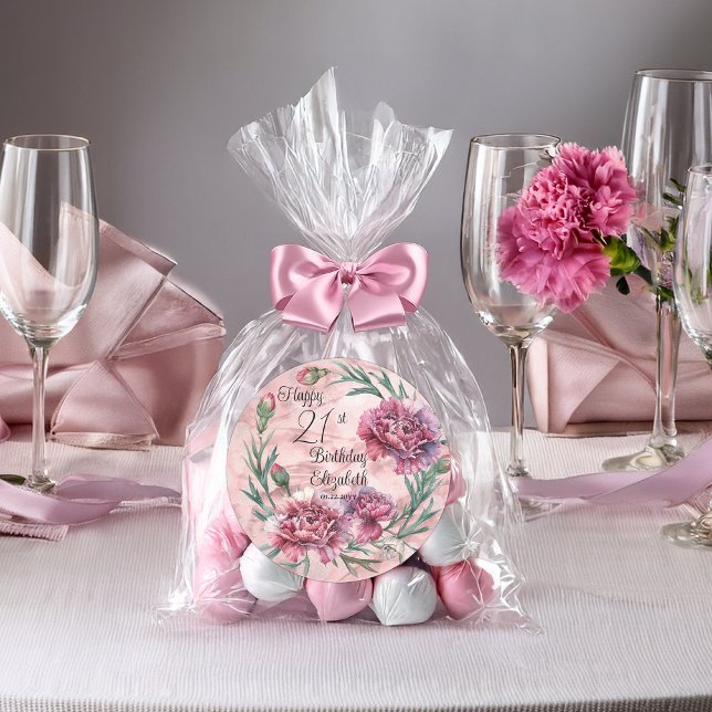 Elegant Pink Carnations 21st Birthday Party  Runder Aufkleber (Elegant Pink Carnations 21st Birthday Party Favor Classic Round Stickers - 2 Sizes)