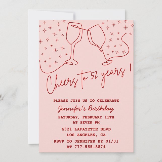 Elegant Pink Cheers Champagne 52. Geburtstag Einladung (Vorderseite)