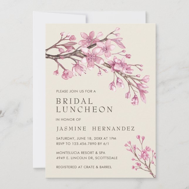 Elegant Pink Cherry Blossom Bridal Luncheon Einladung (Vorderseite)