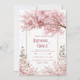 Elegant Pink Cherry Blossom Eucalyptus Gold Frame Einladung