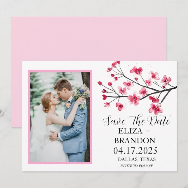 Elegant Pink Cherry Blossom Floral Photo   Save The Date (Vorne/Hinten)
