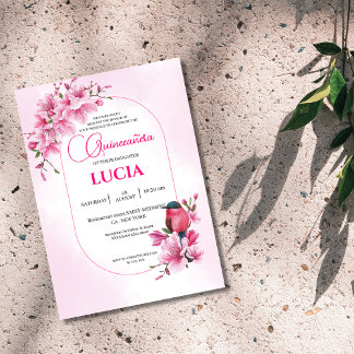 Elegant Pink Cherry Blossom Geometric Quinceañera Einladung