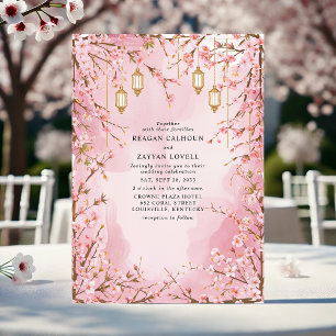 Elegant Pink Cherry Blossom Lantern Wedding Einladung