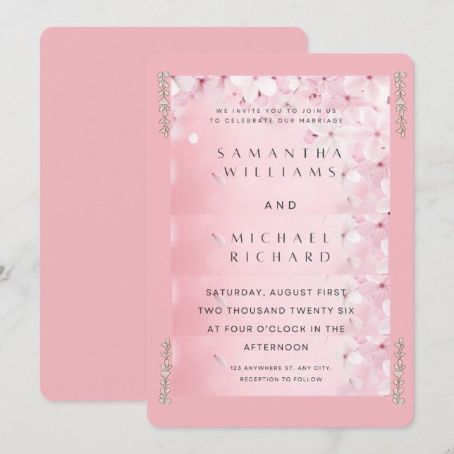 Elegant Pink Cherry Blossom Wedding Invitation - C Einladung (Vorne/Hinten)